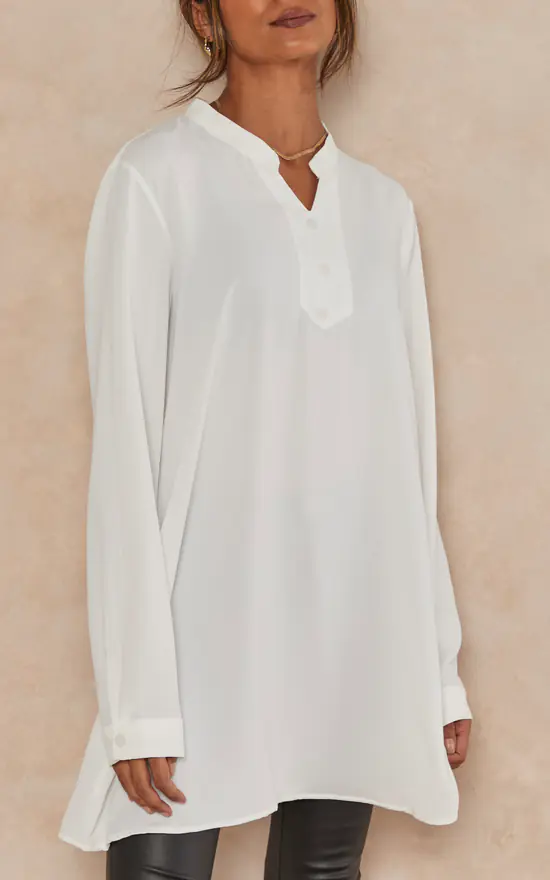 Wholesale 👍 HOXTON GAL Oversized Satin Long Sleeves Tunic With Button Details In White ✔️ - Image 3