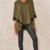 Best Sale 👏 HOXTON GAL Oversized V Neck Sequin Detailed Satin Top With 3/4 Sleeves In Khaki ✨