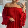 Brand new 🧨 KURT MULLER Red Contrast Stitch Long Sleeve Ruffle Bardot Blouse ⌛