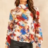 Discount 🤩 Jenerique High Neck Long Sleeve Top In Beige Floral Print ✔️
