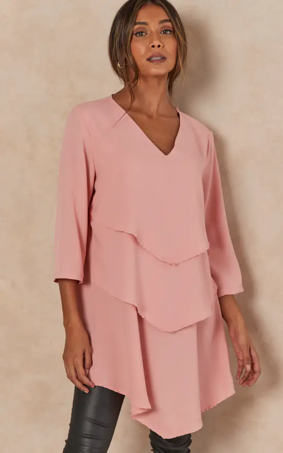 Budget ๐ฏ HOXTON GAL Oversized 3/4 Sleeves Layered V Neck Satin Tunic Top In Pink ๐