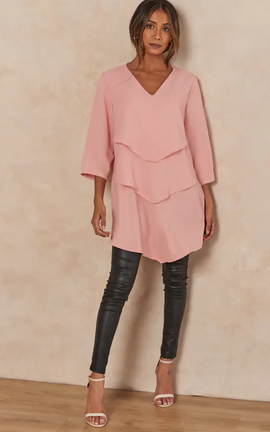 Budget ๐ฏ HOXTON GAL Oversized 3/4 Sleeves Layered V Neck Satin Tunic Top In Pink ๐ - Image 2