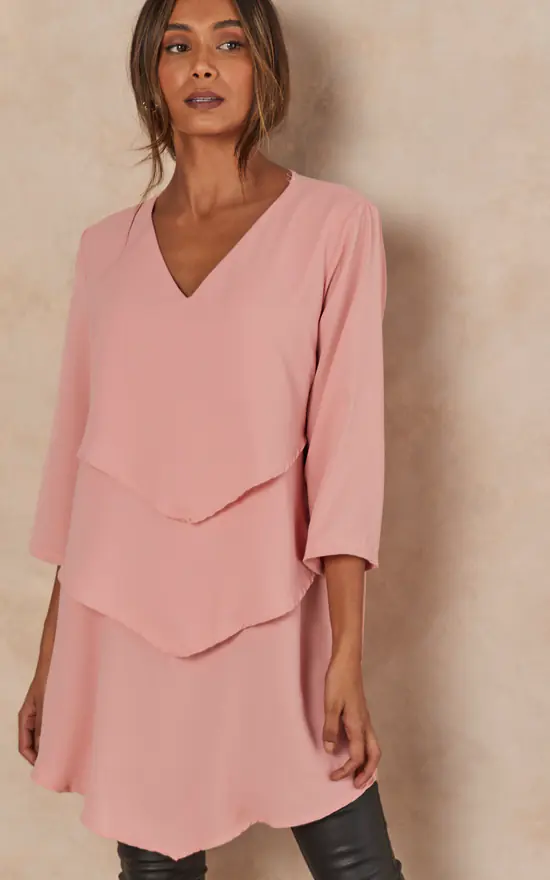 Budget ๐ฏ HOXTON GAL Oversized 3/4 Sleeves Layered V Neck Satin Tunic Top In Pink ๐ - Image 3