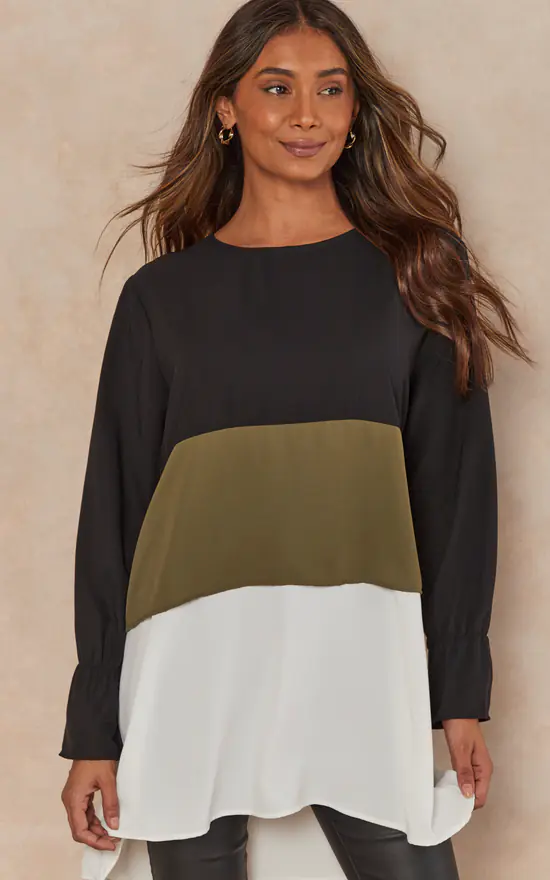 Flash Sale ๐ HOXTON GAL Oversized Satin Long Sleeves Colour Block Tunic Top In Black, Khaki And White ๐ฅฐ