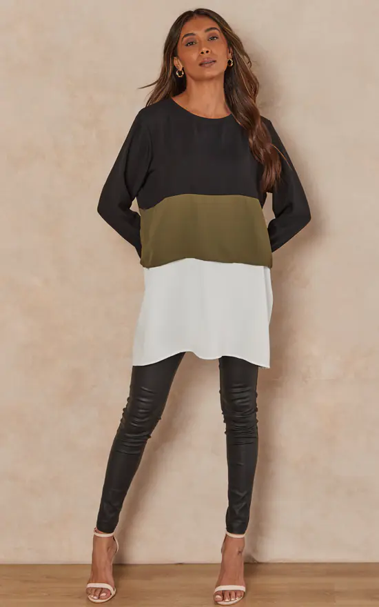 Flash Sale ๐ HOXTON GAL Oversized Satin Long Sleeves Colour Block Tunic Top In Black, Khaki And White ๐ฅฐ - Image 2