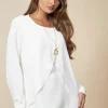 Outlet 😍 HOXTON GAL Long Sleeves Relaxed Fit Layered Top With Necklace In White ⭐