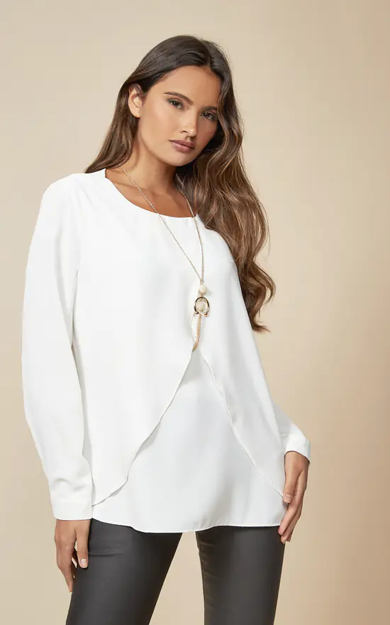 Outlet ๐ HOXTON GAL Long Sleeves Relaxed Fit Layered Top With Necklace In White โญ