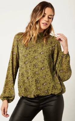 New 😍 Blue Vanilla Floral Spring High Neck Shirred Blouson Top 🧨