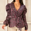 Promo 🥰 Jenerique Long Sleeve Wrap Satin Top In Burgundy Abstract Animal Print 🤩