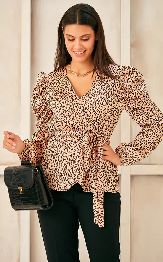 Deals ⌛ Jenerique Long Sleeve Wrap Satin Top In Orange Abstract Polka Dot Print ⌛ - Image 4