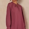 Best Pirce 🔥 HOXTON GAL Oversized Long Sleeves Satin Tunic Top With Ruffle Neck Detail In Royal Berry 🎉