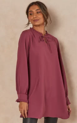 Best Pirce 🔥 HOXTON GAL Oversized Long Sleeves Satin Tunic Top With Ruffle Neck Detail In Royal Berry 🎉