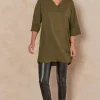Coupon 👏 HOXTON GAL Oversized Detailed Neckline Satin Tunic With 3/4 Sleeves In Khaki 🌟