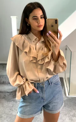 Top 10 🛒 HOXTON GAL Oversized Frilled Front 👚 Shirt With Detailed Cuffs In Beige ❤️