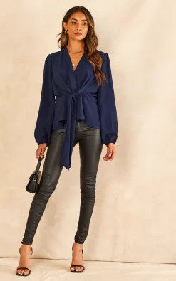 Best Pirce 💯 Jenerique Long Sleeve Wrap Knot Top In Navy ❤️