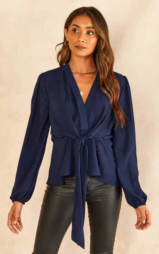 Best Pirce 💯 Jenerique Long Sleeve Wrap Knot Top In Navy ❤️ - Image 2