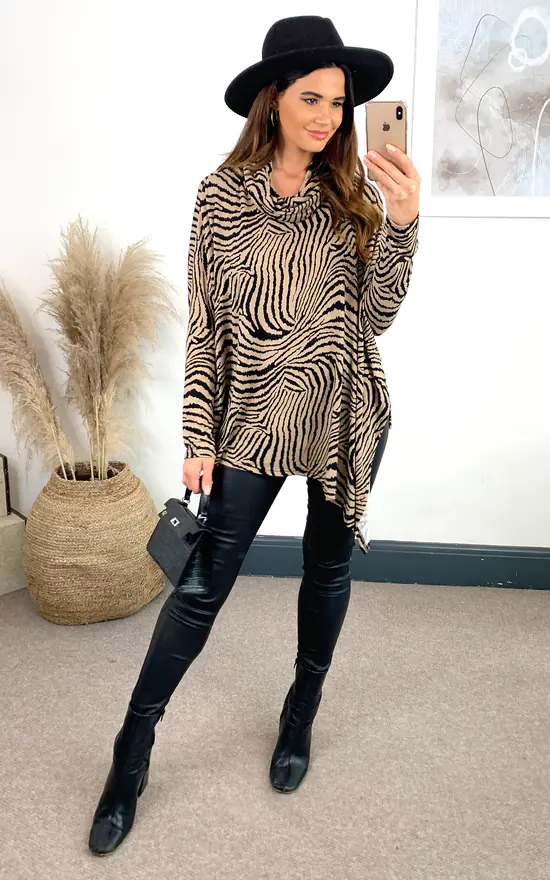 Top 10 👍 Blue Vanilla Sophia Abstract Zebra Oversized Cowl Neck Top ✔️