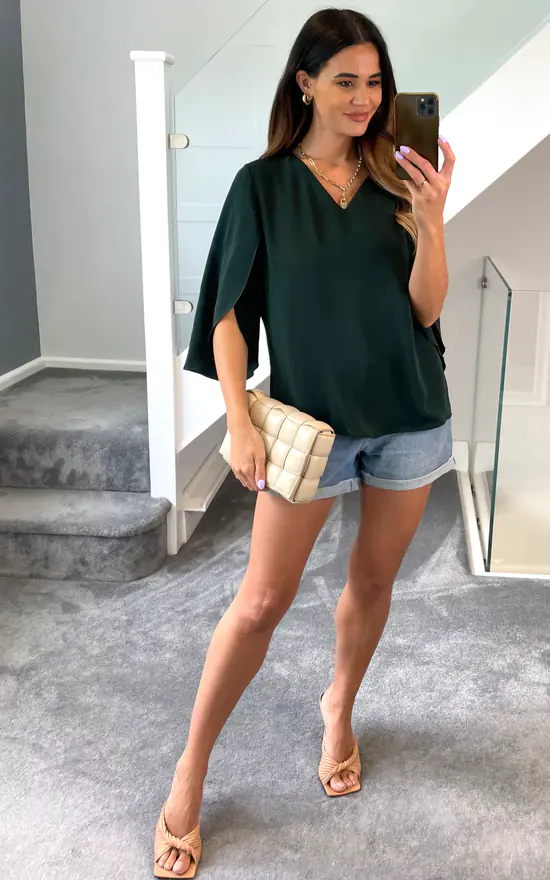 Best deal ๐ฅ HOXTON GAL Oversized V Neck Top With Split Sleeves In Bottle Green ๐