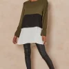 Discount 👍 HOXTON GAL Oversized Satin Long Sleeves Colour Block Tunic Top In Khaki, Black And White 💯