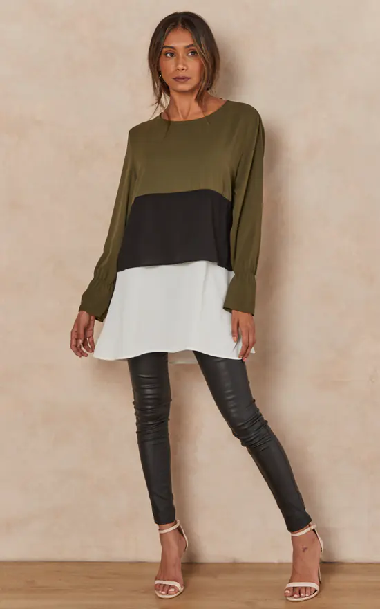 Discount 👍 HOXTON GAL Oversized Satin Long Sleeves Colour Block Tunic Top In Khaki, Black And White 💯