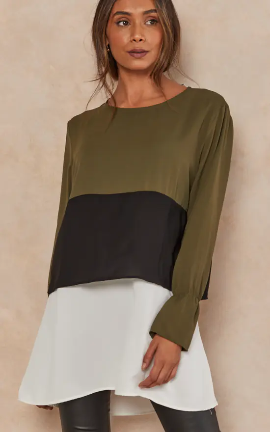 Discount 👍 HOXTON GAL Oversized Satin Long Sleeves Colour Block Tunic Top In Khaki, Black And White 💯 - Image 2