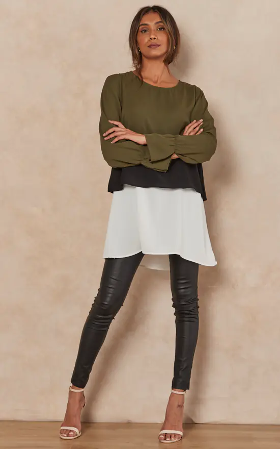 Discount 👍 HOXTON GAL Oversized Satin Long Sleeves Colour Block Tunic Top In Khaki, Black And White 💯 - Image 3