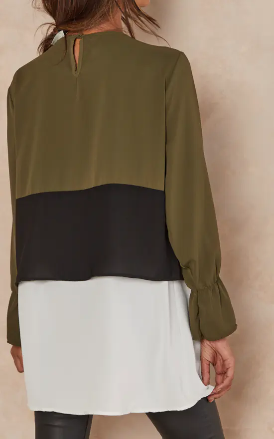 Discount 👍 HOXTON GAL Oversized Satin Long Sleeves Colour Block Tunic Top In Khaki, Black And White 💯 - Image 4