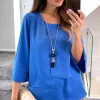 Coupon 🤩 HOXTON GAL Oversized 3/4 Sleeves Asymmetric Layered Blouse With Necklace In Indigo 🎉