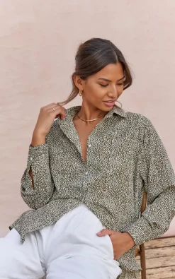 Buy 👏 Charli Long Sleeved Button Up 👚 Shirt In Khaki Print 💯