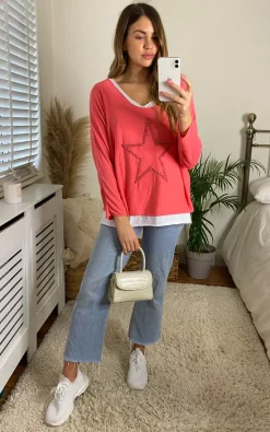 New 🎁 KURT MULLER Star Embellished Two Piece Top In Coral Pink 🥰