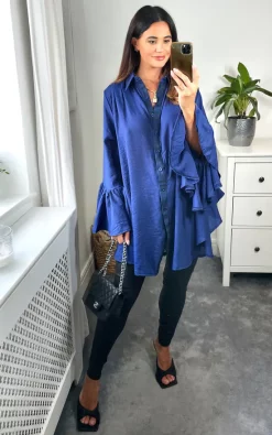 Outlet 🔥 CY Boutique Oversized 👕 Shirt With Frill Sleeves & Mesh Check Detail In Blue 🌟