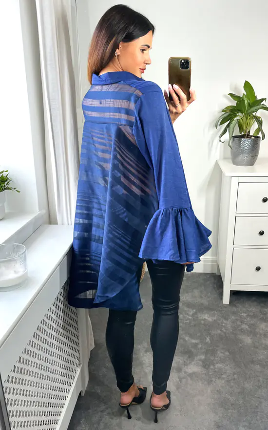 Outlet ๐ฅ CY Boutique Oversized ๐ Shirt With Frill Sleeves & Mesh Check Detail In Blue ๐ - Image 2