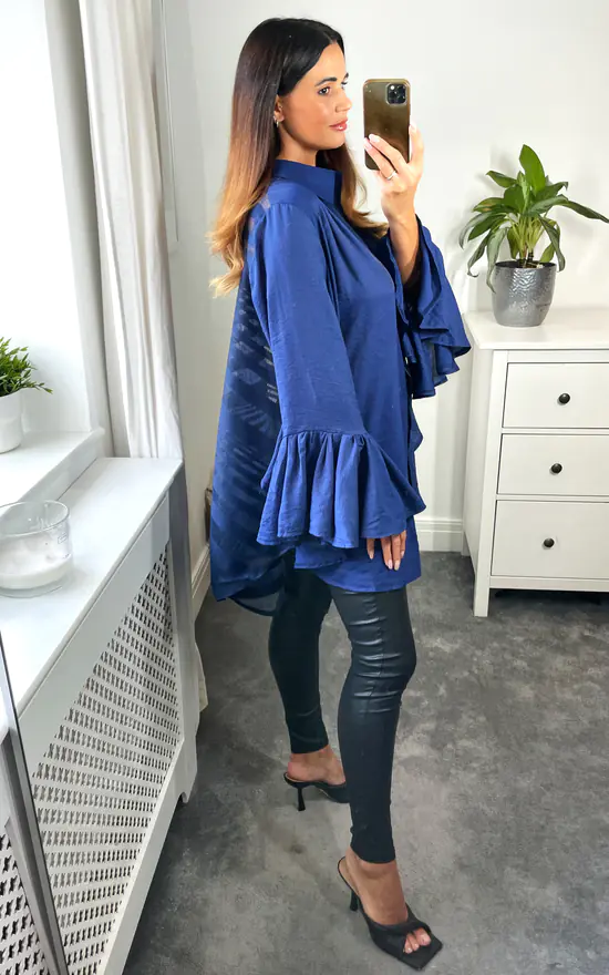 Outlet ๐ฅ CY Boutique Oversized ๐ Shirt With Frill Sleeves & Mesh Check Detail In Blue ๐ - Image 4