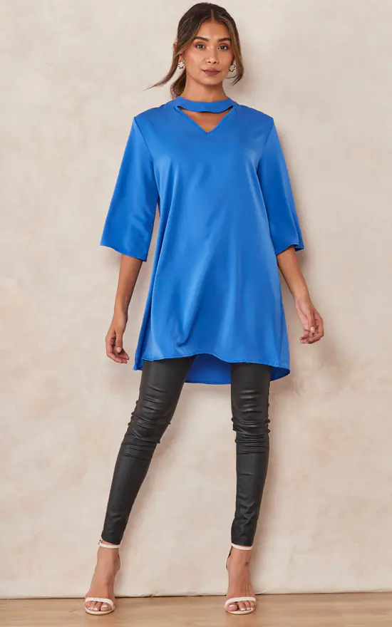 Top 10 โจ HOXTON GAL Oversized Detailed Neckline Satin Tunic With 3/4 Sleeves In Blue ๐
