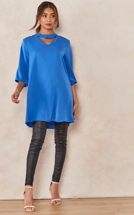 Top 10 โจ HOXTON GAL Oversized Detailed Neckline Satin Tunic With 3/4 Sleeves In Blue ๐ - Image 3