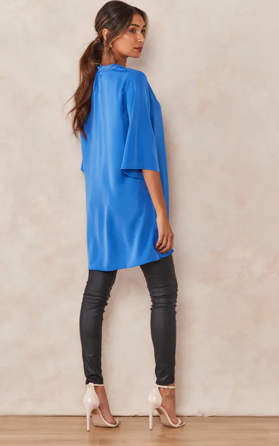 Top 10 โจ HOXTON GAL Oversized Detailed Neckline Satin Tunic With 3/4 Sleeves In Blue ๐ - Image 4