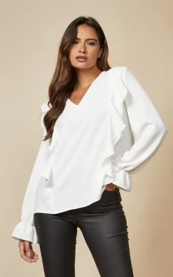 Best deal 🥰 HOXTON GAL Oversized Frilled Front V Neck Top With Detailed Cuffs In White 🛒