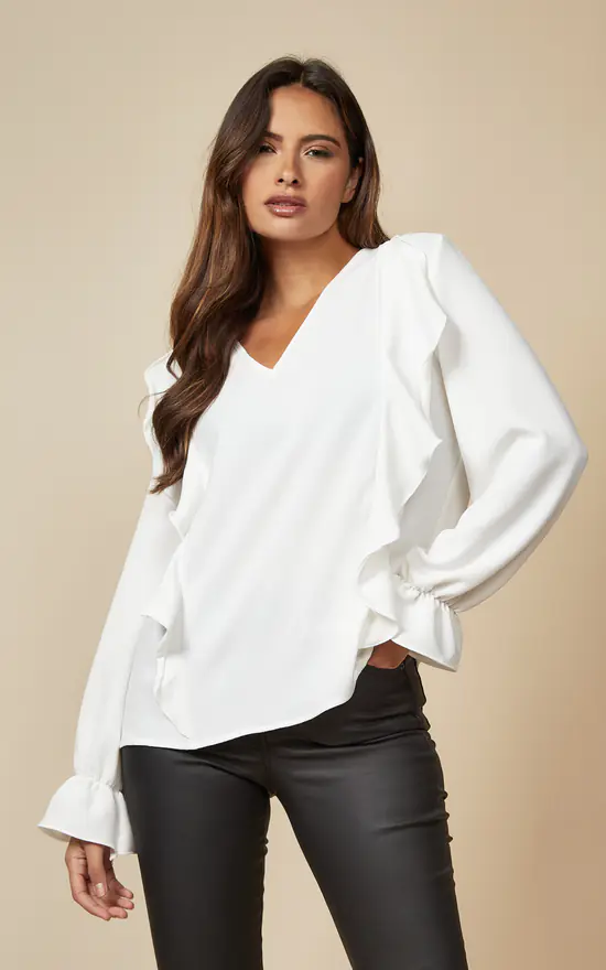 Best deal 🥰 HOXTON GAL Oversized Frilled Front V Neck Top With Detailed Cuffs In White 🛒