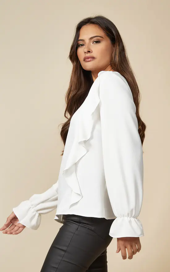 Best deal 🥰 HOXTON GAL Oversized Frilled Front V Neck Top With Detailed Cuffs In White 🛒 - Image 2