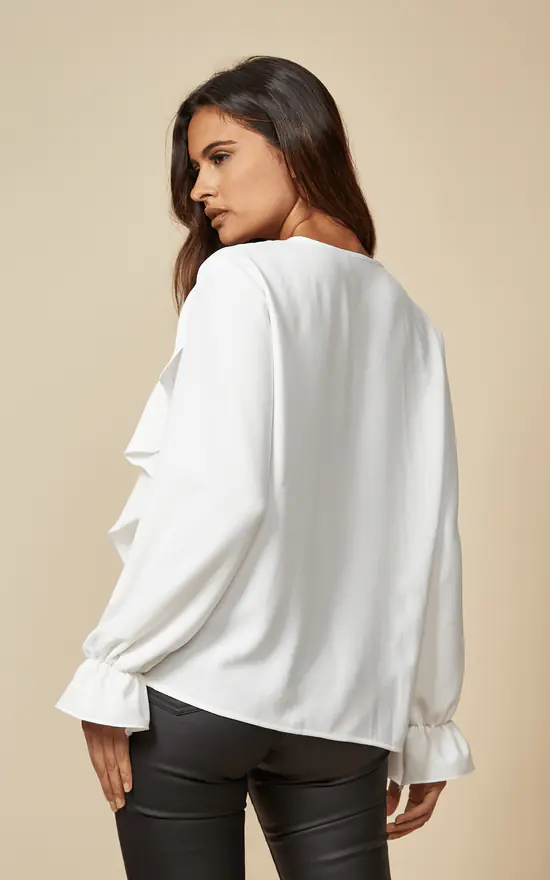 Best deal 🥰 HOXTON GAL Oversized Frilled Front V Neck Top With Detailed Cuffs In White 🛒 - Image 3