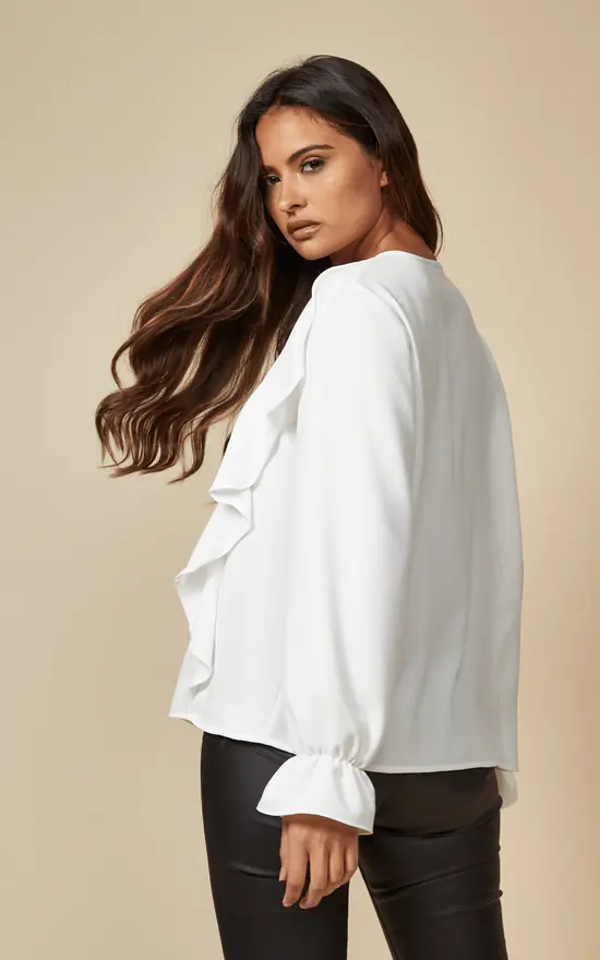 Best deal 🥰 HOXTON GAL Oversized Frilled Front V Neck Top With Detailed Cuffs In White 🛒 - Image 4