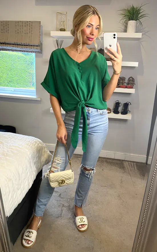 Wholesale ๐ HOXTON GAL Oversized V Neck Tie Detailed Crop Top In Green ๐ฅ