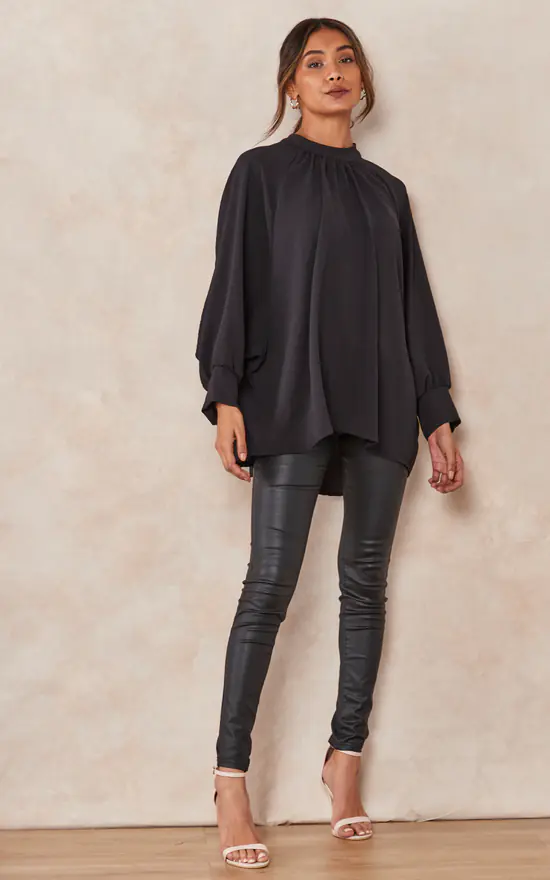 Buy ๐คฉ HOXTON GAL Oversized Batwing Long Sleeves Top With High Neck Detail In Black ๐