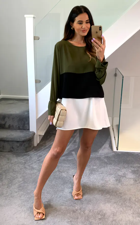 Buy ๐คฉ HOXTON GAL Oversized Crew Neck Colour Block Tunic With Long Sleeves In Khaki, Black And White ๐ - Image 2