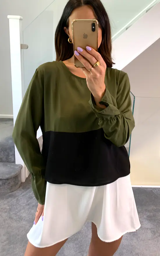 Buy ๐คฉ HOXTON GAL Oversized Crew Neck Colour Block Tunic With Long Sleeves In Khaki, Black And White ๐ - Image 3