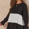 Best Sale 🧨 HOXTON GAL Oversized Satin Long Sleeves Colour Block Tunic Top In Black, White And Black 🔥