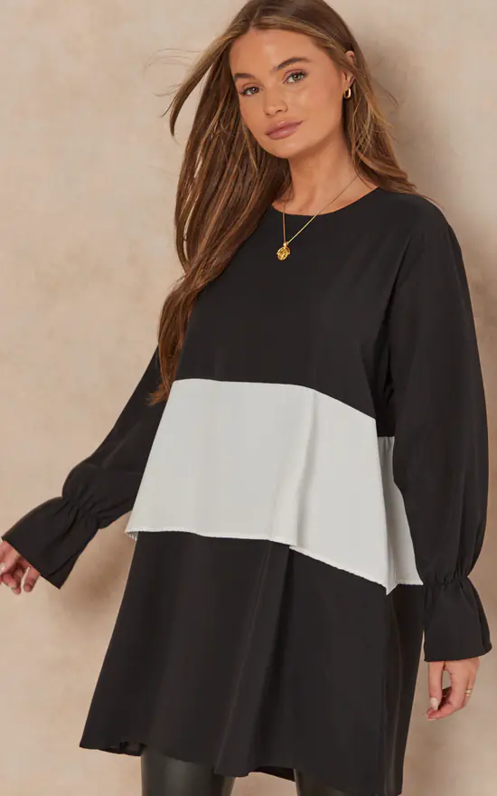 Best Sale ๐งจ HOXTON GAL Oversized Satin Long Sleeves Colour Block Tunic Top In Black, White And Black ๐ฅ