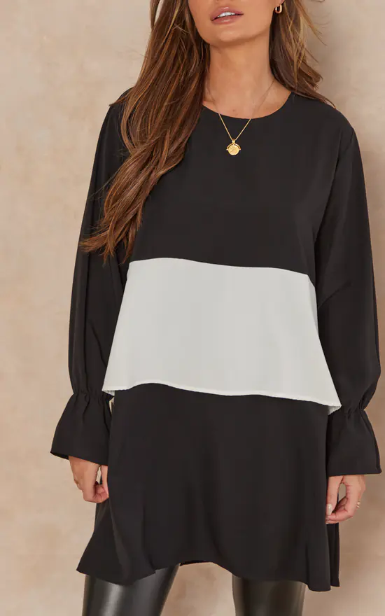 Best Sale ๐งจ HOXTON GAL Oversized Satin Long Sleeves Colour Block Tunic Top In Black, White And Black ๐ฅ - Image 2