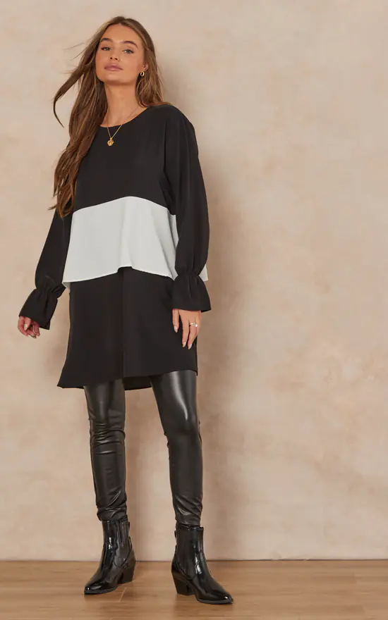 Best Sale ๐งจ HOXTON GAL Oversized Satin Long Sleeves Colour Block Tunic Top In Black, White And Black ๐ฅ - Image 3