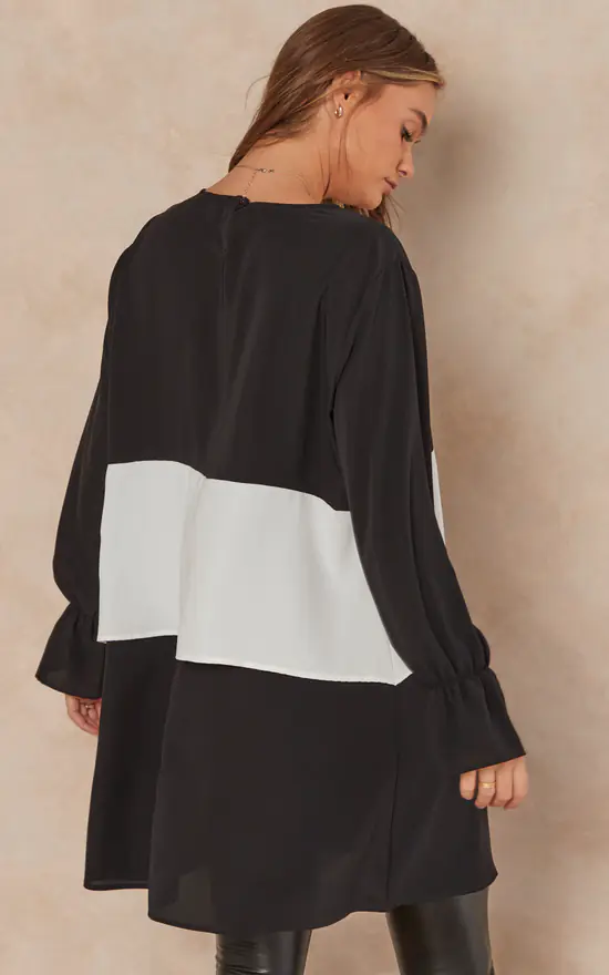 Best Sale ๐งจ HOXTON GAL Oversized Satin Long Sleeves Colour Block Tunic Top In Black, White And Black ๐ฅ - Image 4